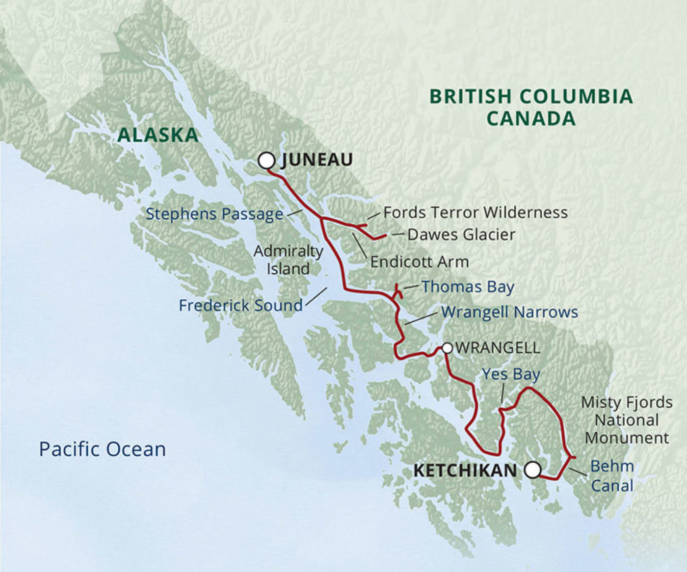 Alaska fjords glaciers itinerary map